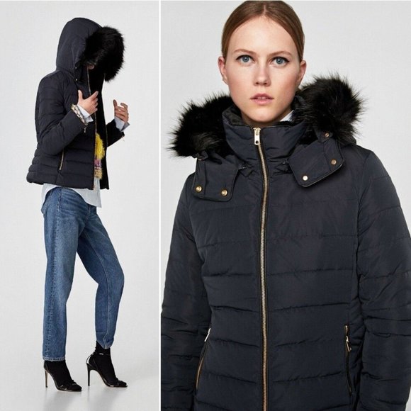 Zara Quilted Down Puffer Jacket with Faux Fur Textured Hood Navy & Gold - Picture 4 of 13